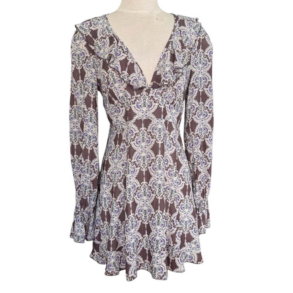 Free People Women M Brown & Purple Paisley V-Neck Long Sleeve Boho Mini Dress